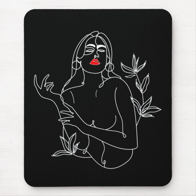 Mousepad Ilustração de Arte de Linha. Femme en noir et blan (Frente)