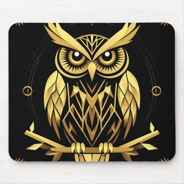Mousepad Ilustração de Coruja Geométrica Dourada (Frente)