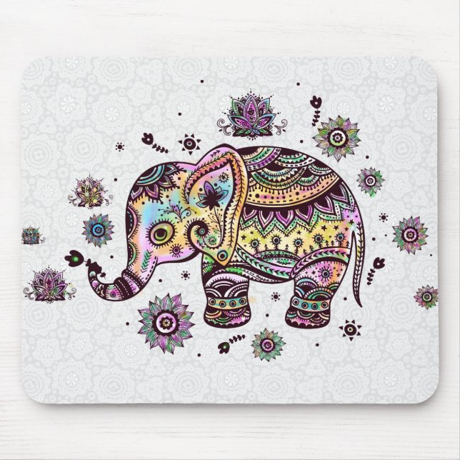 Mousepad Ilustração de Elefante Floral Colorida Bonita (Frente)
