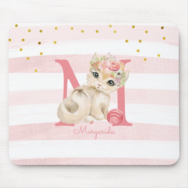 Mousepad Ilustração de Gato Bonito Rosa Branca Stripes Cria (Frente)