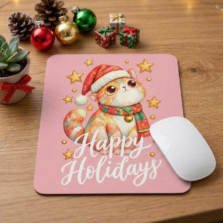 Mousepad Ilustração de Gato de Natal Fofo com Charme Festiv