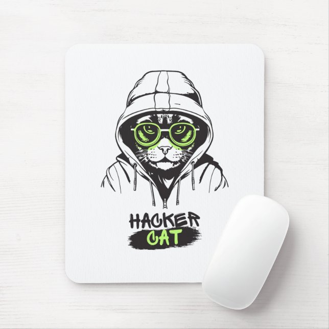Mousepad Ilustração de Gato Hacker Fofo – Presente de Ciber (Com mouse)