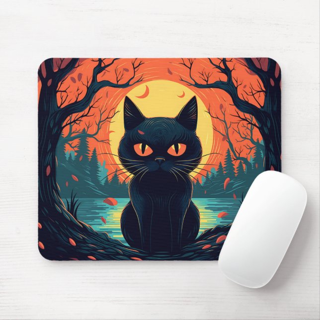 Mousepad Ilustração de Gato Negro - Dia das Bruxas (Com mouse)