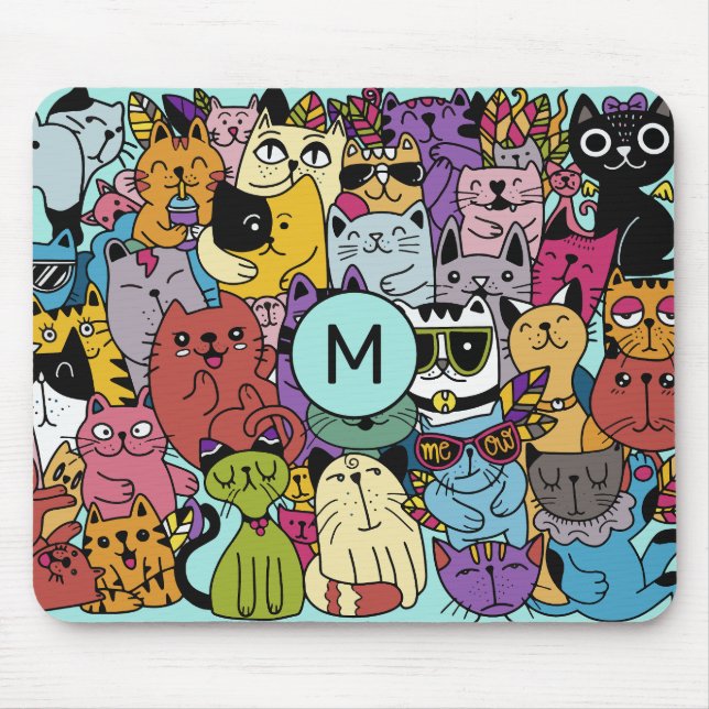 Mousepad Ilustração de Gatos Engraçados com Monograma Perso (Frente)