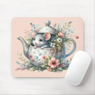 Mousepad Ilustração de Rato Fofo em Bule de Chá Floral