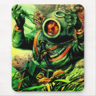 Mousepad Ilustração do mergulhador submarino na década d