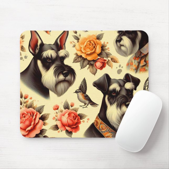 Mousepad Ilustração do Schnauzer Cute Retro (Com mouse)