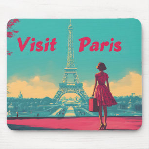 Mousepad Ilustração do Viagem da Torre Eiffel Retro com Car