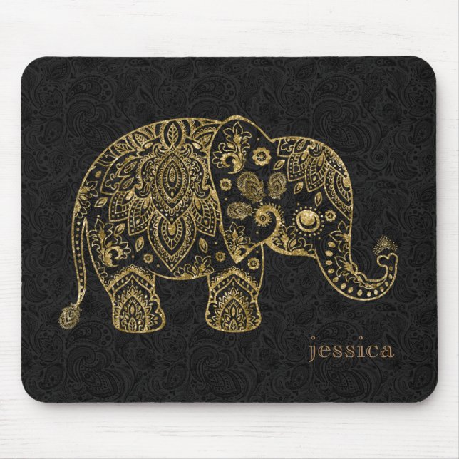 Mousepad Ilustração Dourada de Elefante paisley (Frente)