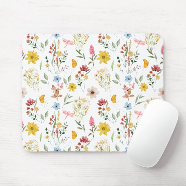 Mousepad Ilustração Floral de Aquarela Flores Selvagens (Com mouse)