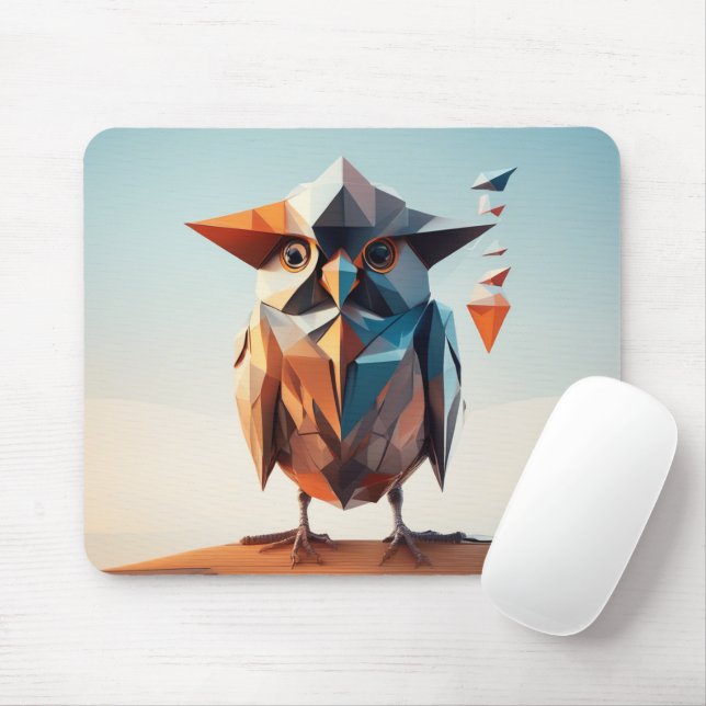Mousepad Ilustração geométrica artística de uma coruja azul (Com mouse)