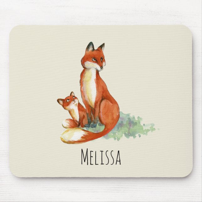 Mousepad Ilustração Momma Fox e Baby Watercolor (Frente)