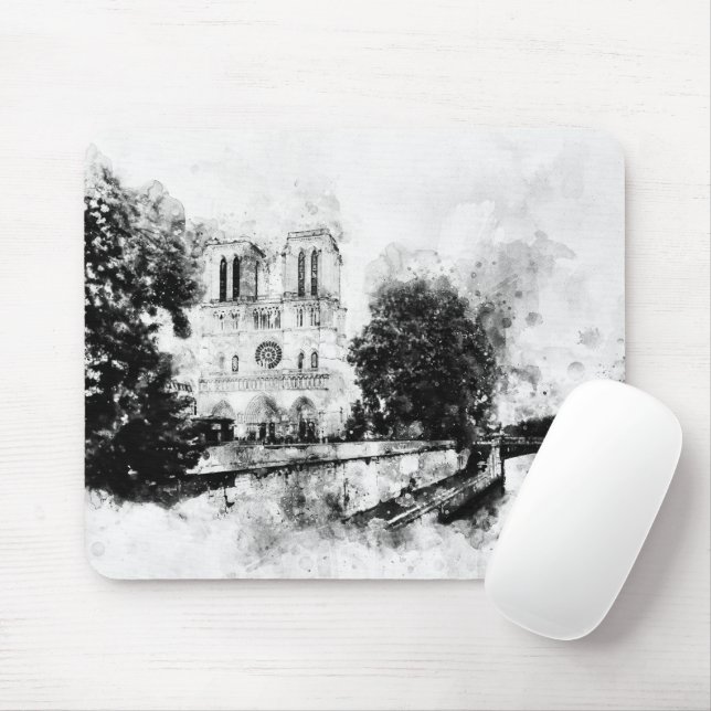 Mousepad Ilustração Monocromática da Catedral de Notre-Dame (Com mouse)