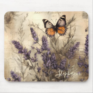 Mousepad Ilustração Personalizada de Borboleta Lavanda Vint