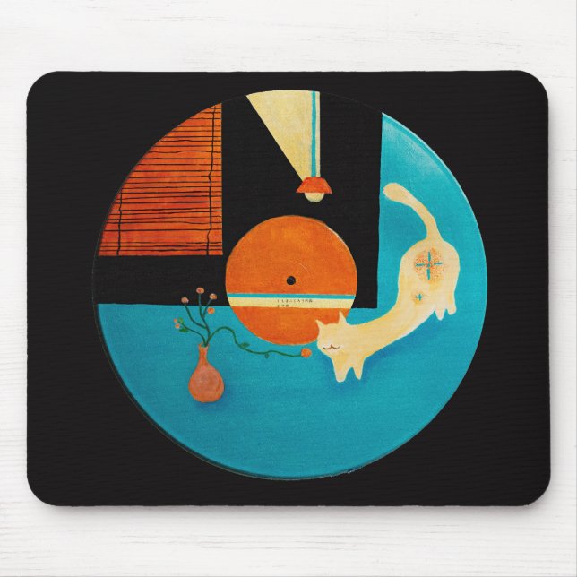 Mousepad Ilustração Retro de Gato se Alongando em Disco (Frente)