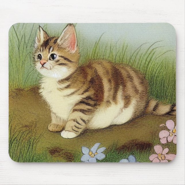 Mousepad Ilustração Vintage Kitten com Flores (Frente)