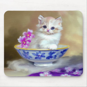 Mousepad Ilustração Vintage White Kitten
