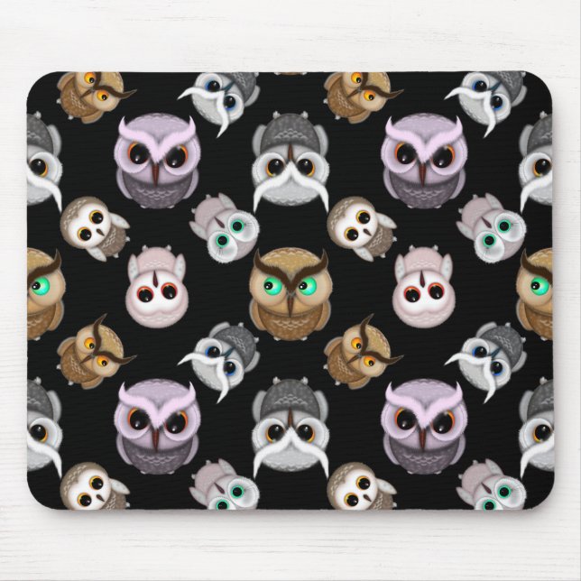 Mousepad Ilustrações de Coruja Fofa sobre Fundo Preto (Frente)
