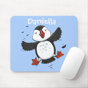 Mousepad Imagem azul de desenho animado de puffin voador e