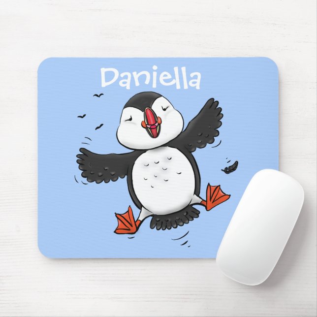 Mousepad Imagem azul de desenho animado de puffin voador e  (Com mouse)