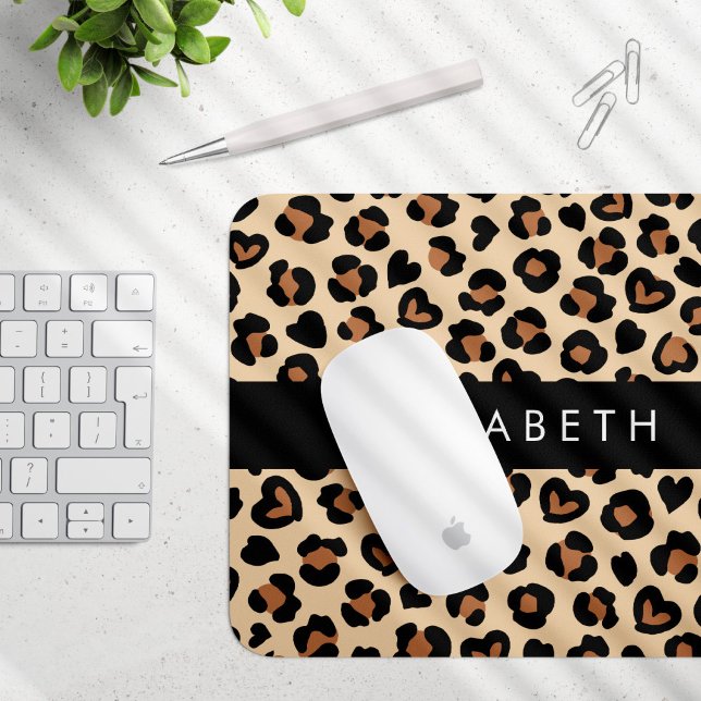 Mousepad Impressão Animal, Leopardo Marrom, Corações, Seu N (Criador carregado)