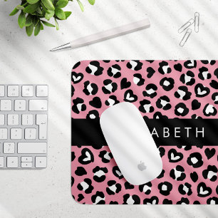 Mousepad Impressão Animal, Leopardo Rosa, Corações, Seu Nom