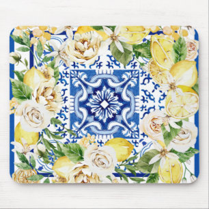Mousepad Impressão de limão e flores do Mediterrâneo de 