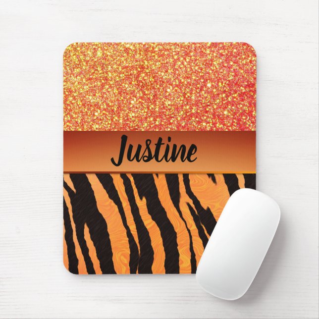 Mousepad Impressão de Tigre de Glam Laranja Glitter (Com mouse)