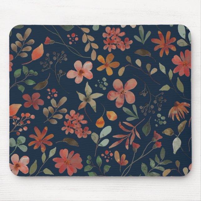 Mousepad Impressão Floral de Aquarela Antiquada no Marinho (Frente)