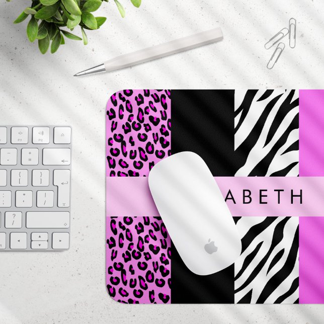 Mousepad Impressão Leopardo, Impressão Zebra, Rosa, Seu Nom (Criador carregado)