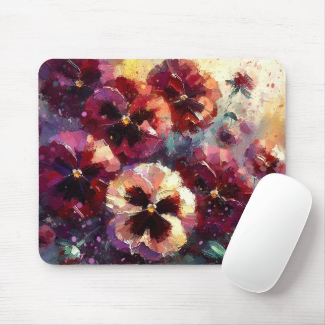 Mousepad Impressionista Maroon Pansies Floral Pintura (Com mouse)