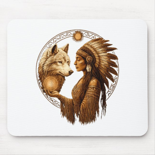 Mousepad Indian Native American Woman With White Wolf Vinta (Frente)