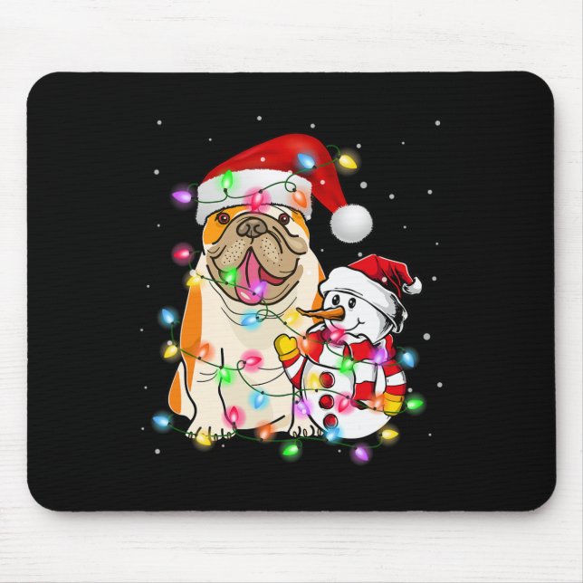 Mousepad Inglês Buldogue Cachorro Snowman Santa Hat Lights (Frente)