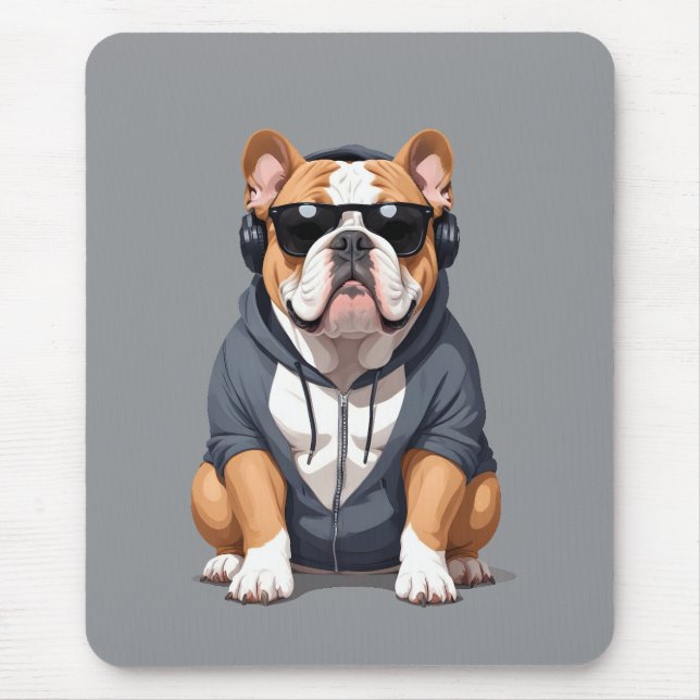 Mousepad Inglês Buldogue Vestindo Hoodie Funny Legal Música (Frente)