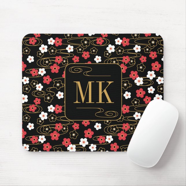 Mousepad Iniciais do Monograma do Flor Sakura Negra Japonês (Com mouse)