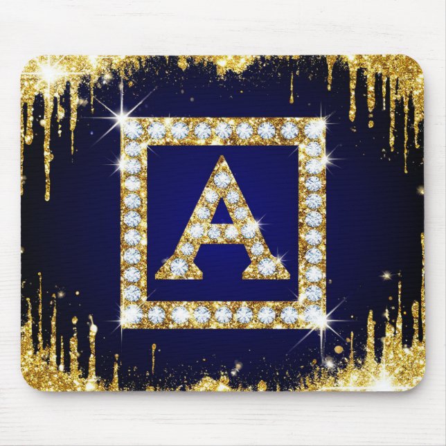 Mousepad Inicial A com Monograma Dourado e Brilho Azul (Frente)