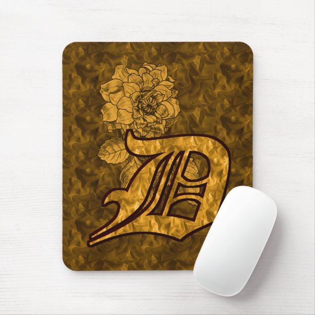 Mousepad Inicial D de Monograma Flor de Peônia Dourada (Com mouse)
