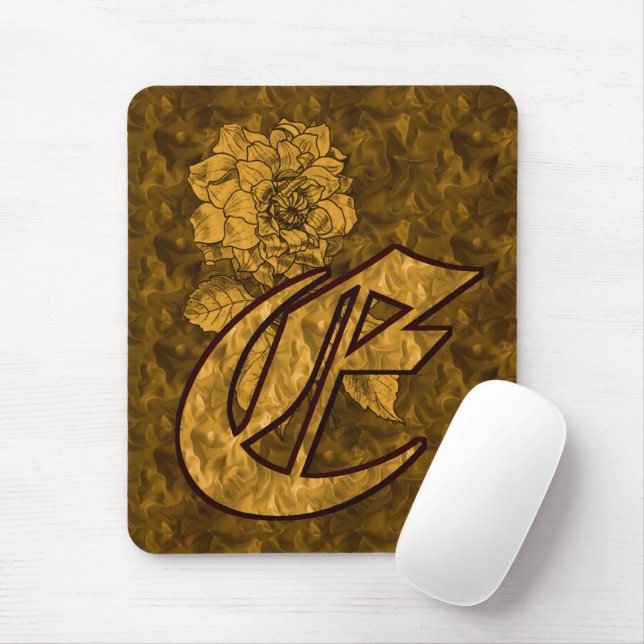 Mousepad Inicial de Monograma E Flor de Peônia Dourada (Com mouse)