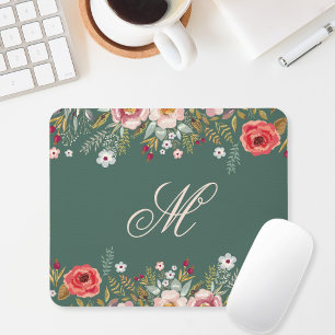 Mousepad Inicial Floral Verde Sage Escuro Clássico Personal