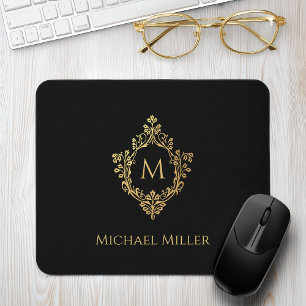 Mousepad Inicial Monograma Ouro Preto Elegante Brasão Vinta