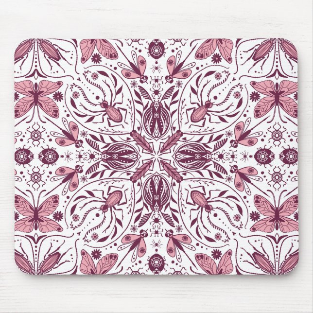 Mousepad Insetos, magenta escura e rosa em branco (Frente)