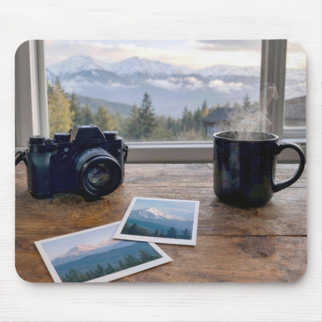 Mousepad Instantâneos de Montanha com Câmera e Café (Frente)