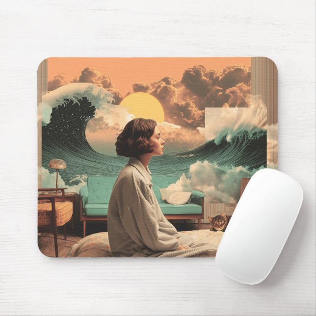 Mousepad Interior Surrealista Com Mulher e Gato (Com mouse)