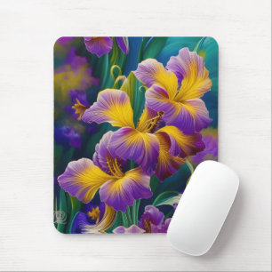 Mousepad Iris Folhas plorais roxas e azuis-douradas