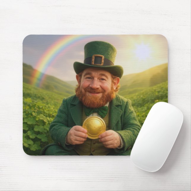 Mousepad Irish Leprechaun With Gold Coin and Rainbow (Com mouse)