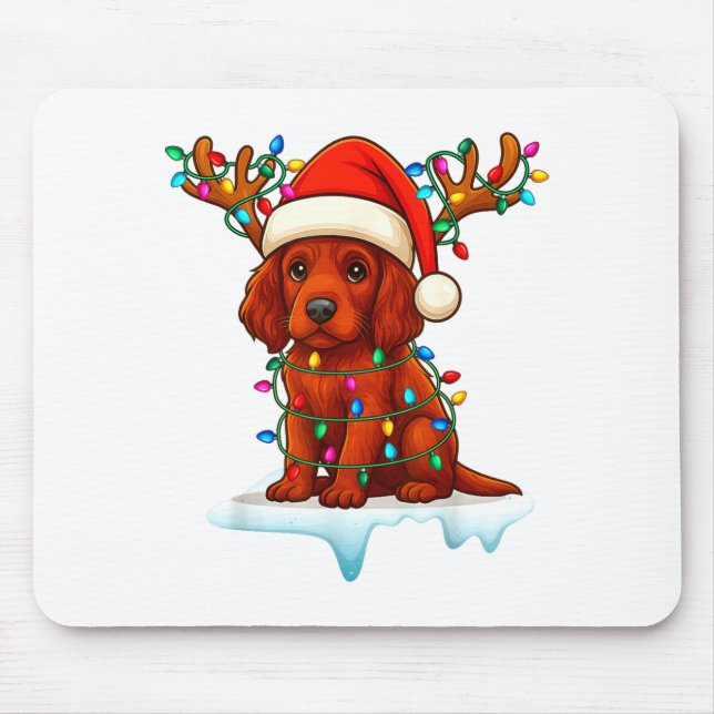Mousepad Irish Setter Christmas Santa Hat Reindeer Lights P (Frente)