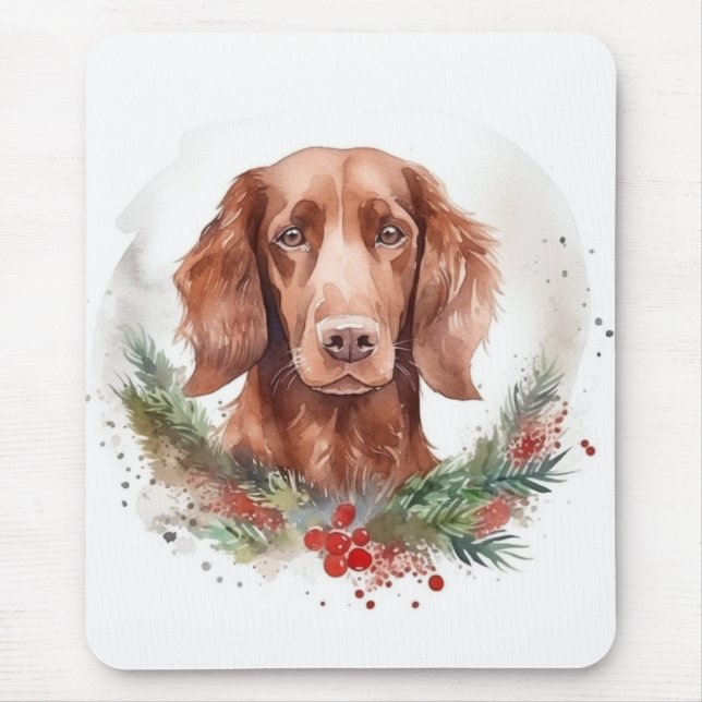 Mousepad Irlandês Red Setter Christmas Wreath Festivo Pup (Frente)