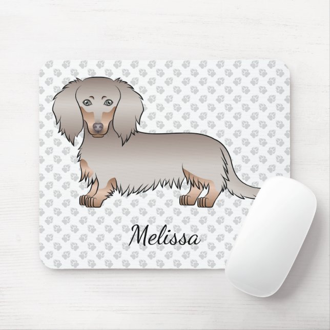 Mousepad Isabella E Tan Long Hair Dachshund Dog & Name (Com mouse)