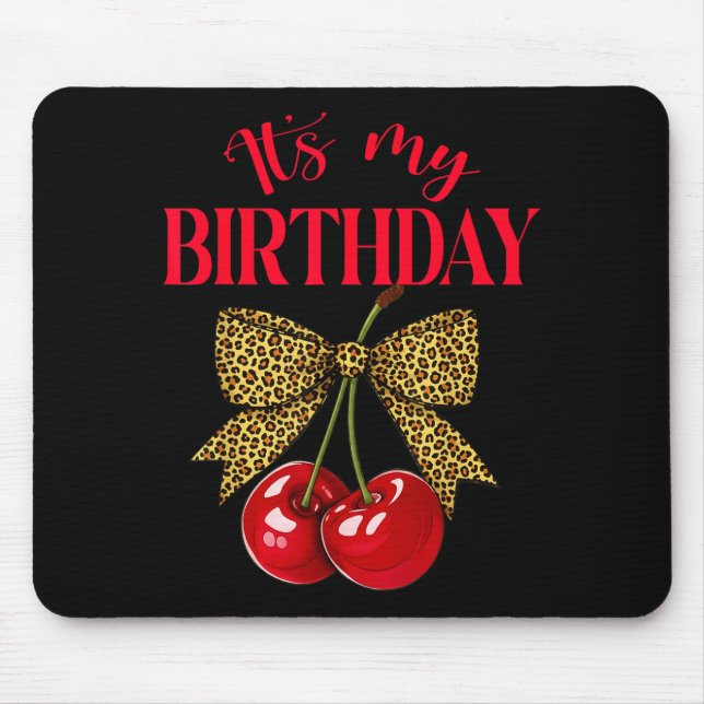 Mousepad It's My Birthday Cute Cherry Leopard Coquette Bow  (Frente)