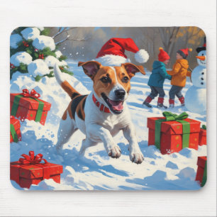 Mousepad Jack Russell Correndo na Neve com Chapéu de Natal